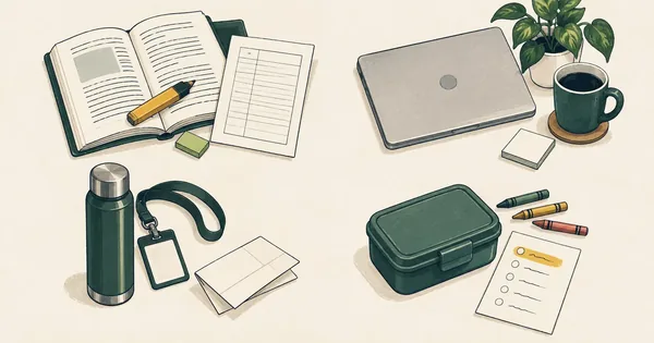 Four desk setups representing student, remote worker, shift worker, and parent daily routines