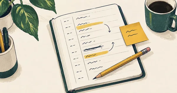 Open notebook showing a handwritten hourly schedule with a pencil resting on the page