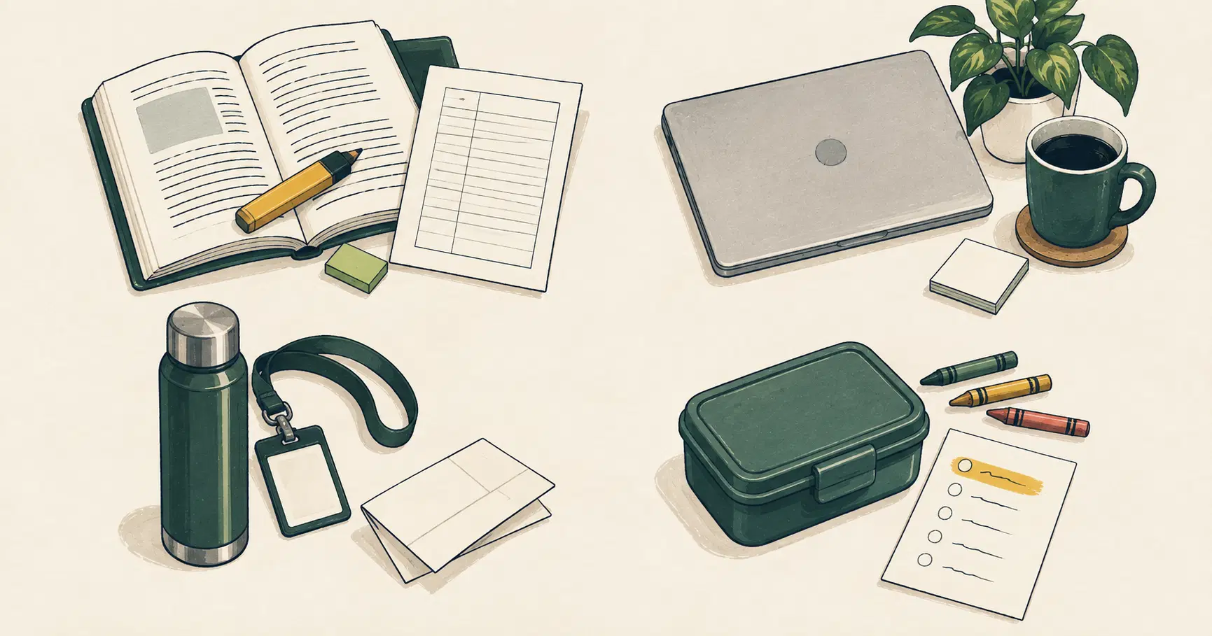 Four desk setups representing student, remote worker, shift worker, and parent daily routines