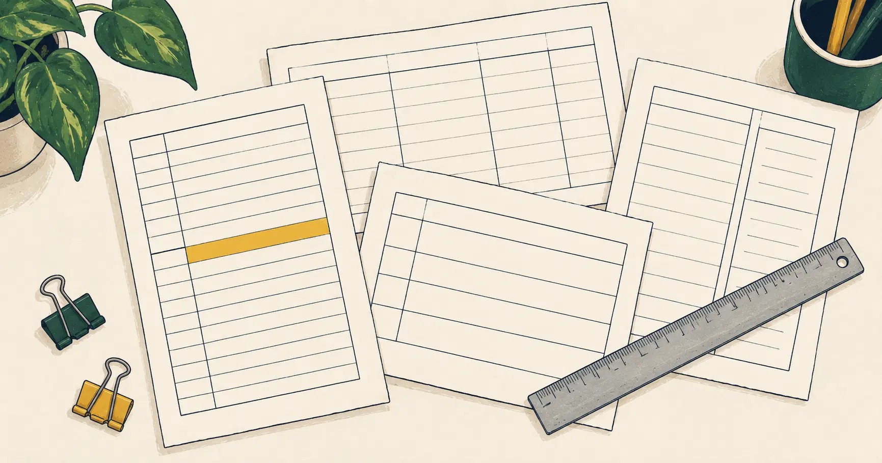 Four printable hourly schedule template sheets in different layouts spread on a desk